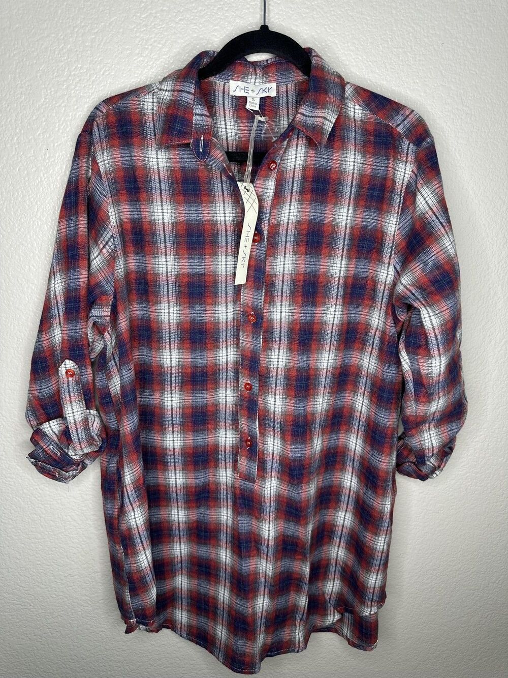 She + Sky Shirt Womens Small Red Blue Plaid Roll Tab Long Sleeve Button Up Top